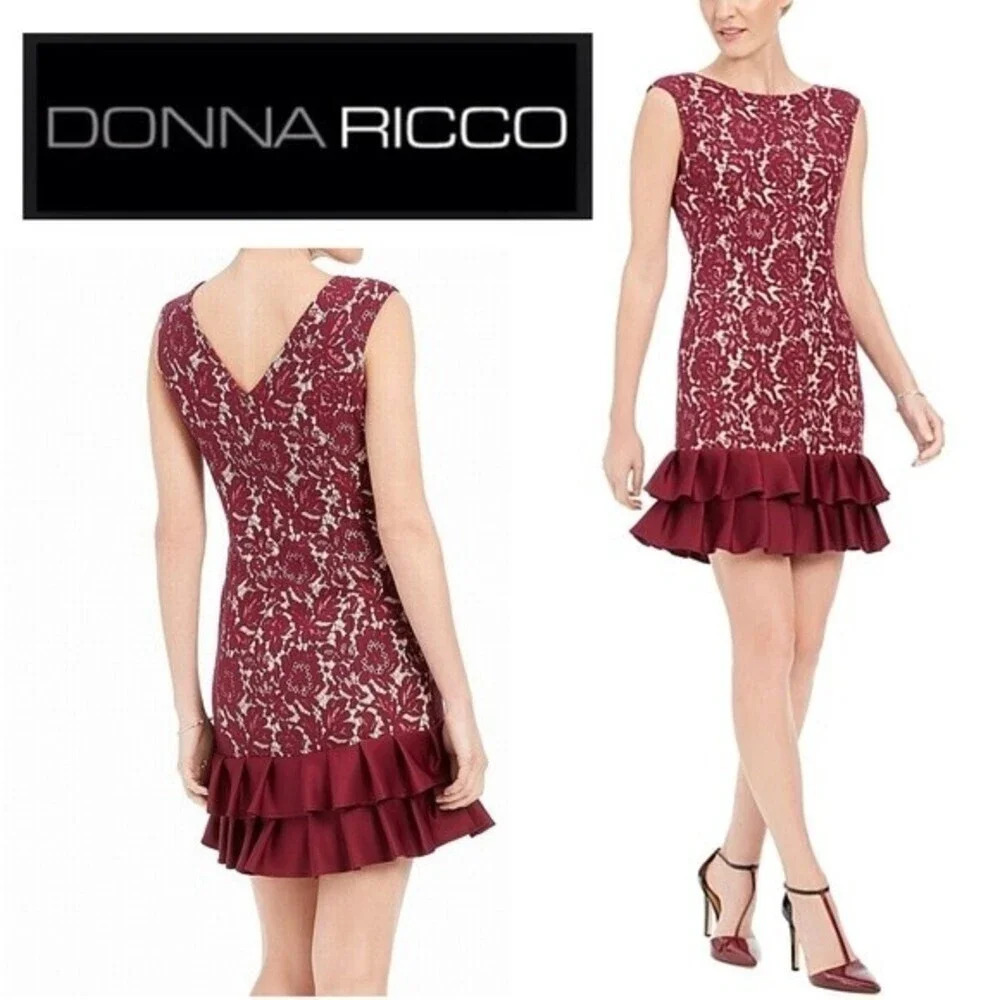 NWT, Donna Ricco, Floral Lace Ruffle Party‎ Dress, Burgundy, Wine, Nude